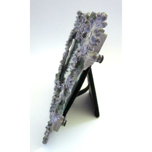 Vintage Pewter Gray Enameled Purple Floral Rhinestone Ornate Picture Frame 5x5 - Picture 5 of 8